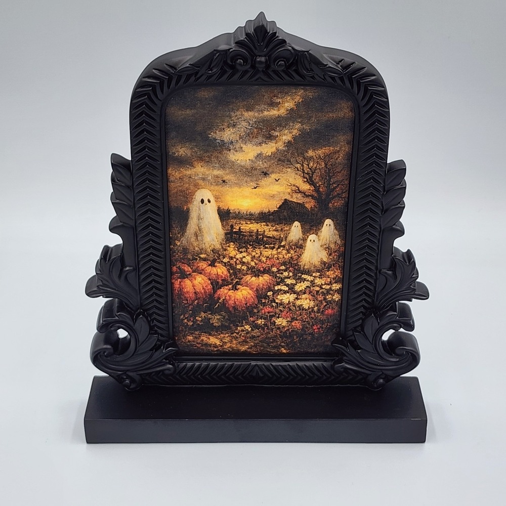 Ghosts in Pumpkin Patch Gothic Halloween Canvas Black Matte Frame Resin 10" NEW
